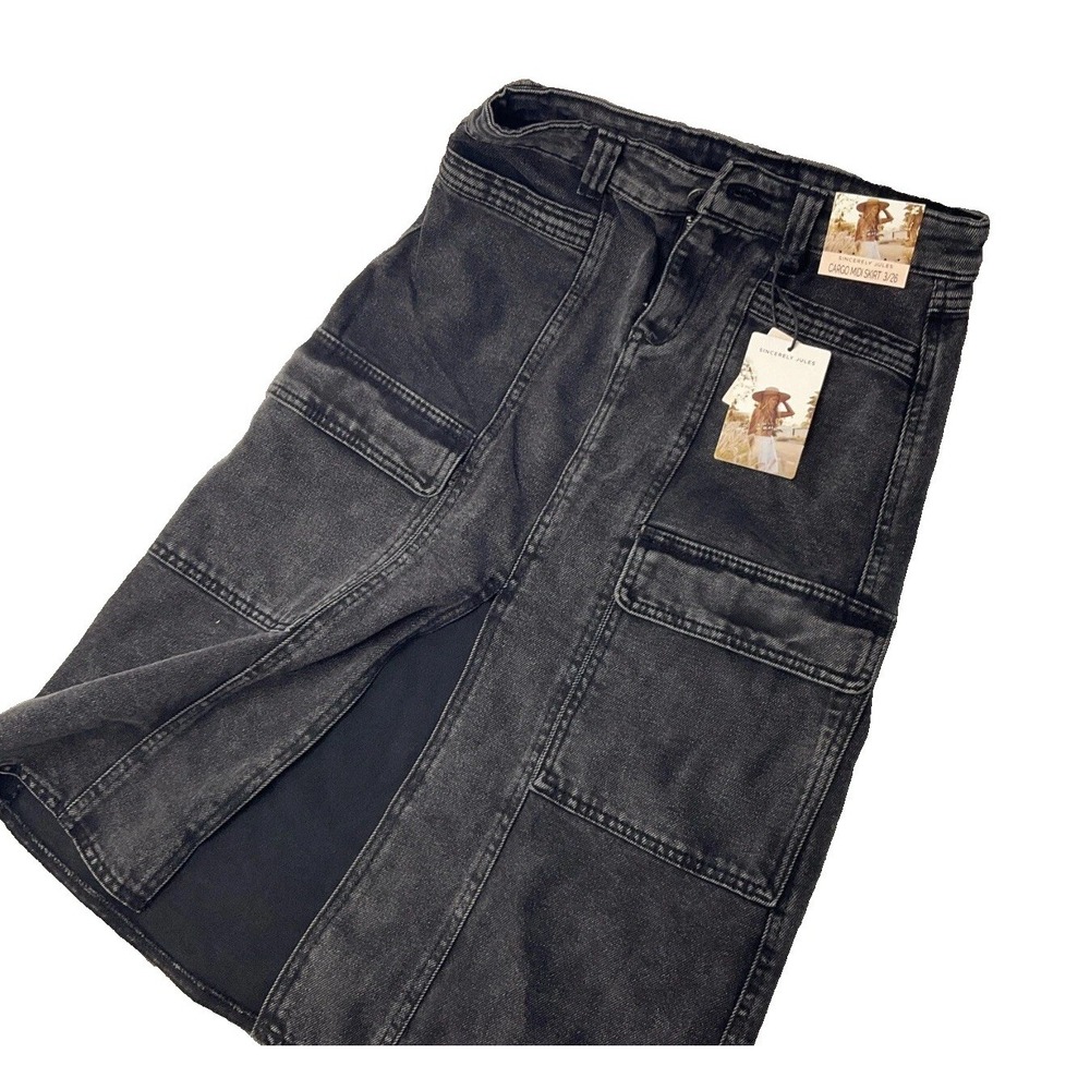 Sincerely Jules Cargo Denim Midi Skirt Womens 3 26 Black Vintage Wash High Rise